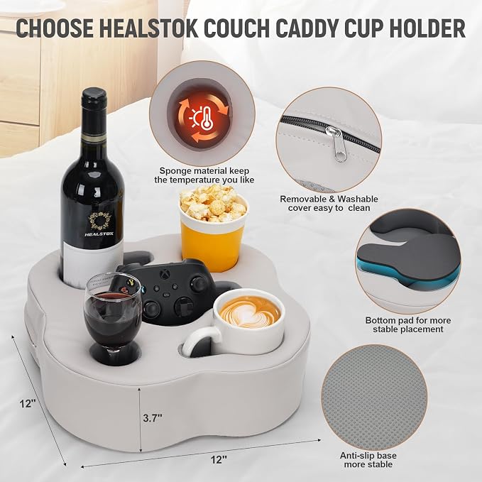 Couch Cup Holder Pillow, Sofa Organizer Caddy, PUGrey | Tray Pillow, Sofa Pillow Drink Tray Bed Refreshment Caddy for iPad, Drinks, Remotes, Phones, Snacks, Removable, Washable