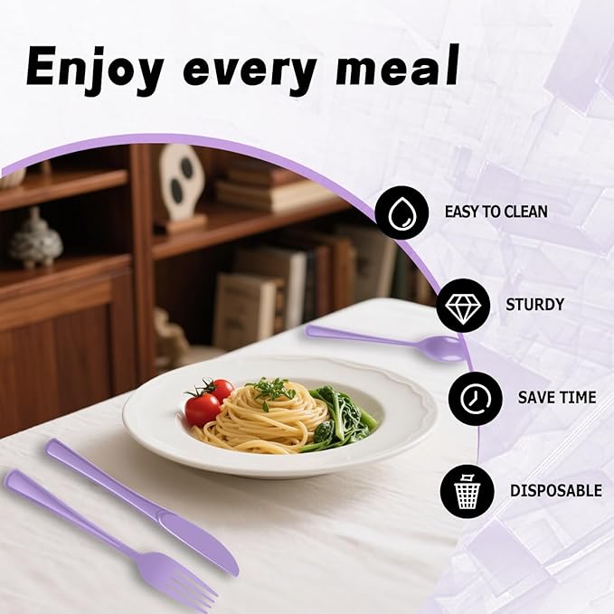 Plastic Silverware 300 PCS Disposable Silverware Heavy Duty Utensil Sets 100 Of Each Forks Knives & Spoons Disposable Cutlery Set For Easter,Birthday,Baby Shower,Garden Party,Wedding(300,Lavender)