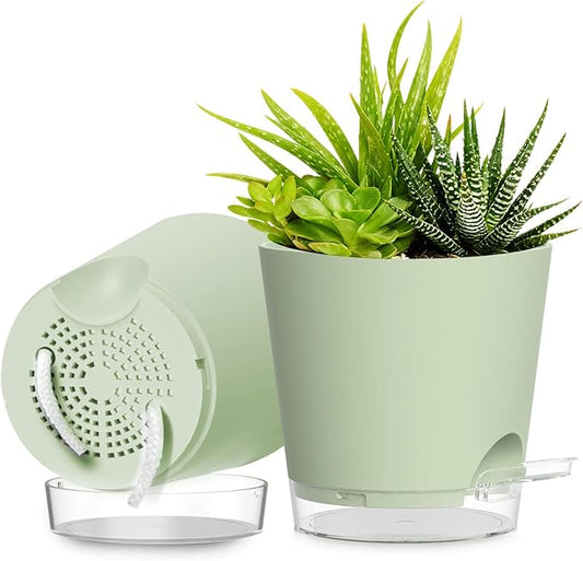 Plant Pots 8 Inch Self Watering Pots, 2 Pack Plastic Planters with Drainage Holes and Clear Saucers,Plastic Flower Pots for Indoor Out Door Plants (Green)