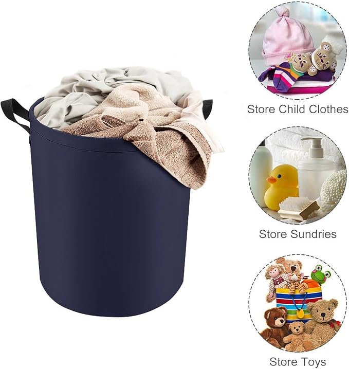 Large Laundry Hamper Bag, Navy Blue Modern Collapsible Laundry Basket with Drawstring Dirty Clothes Organizer Washing Bin for Family Essentials Storage