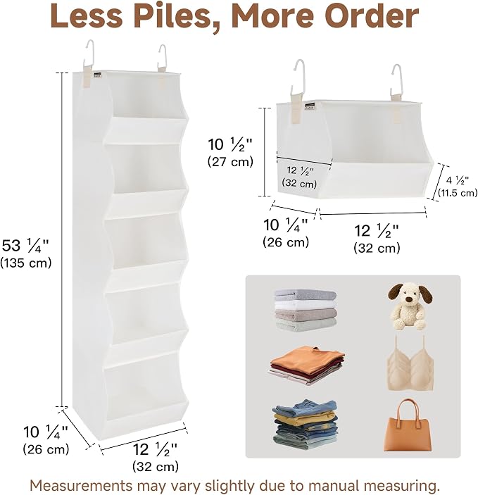 StorageWorks Basics Hanging Closet Organizer, Foldable Storage Organizer | 5-Shelf Wide Trapezoid Closet Shelves with Reinforced Anti-Sagging Support for Sweaters, Hoodies and Handbags, Beige