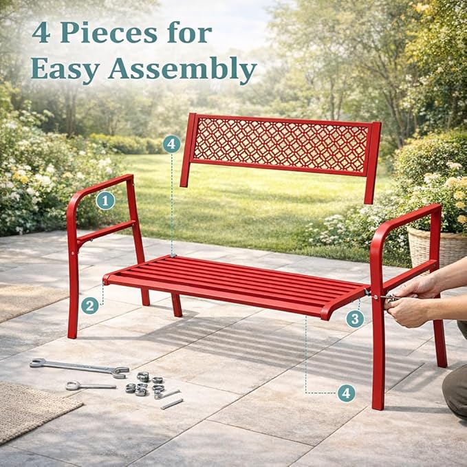 Garvee Outdoor Metal Garden Bench for 2 Person, Heavy Duty Steel Patio Bench 790 Lbs Capacity, Weather Resistant Black Porch Seating with Geometric Backrest, Outdoor Furniture for Yard, Deck, Entryway