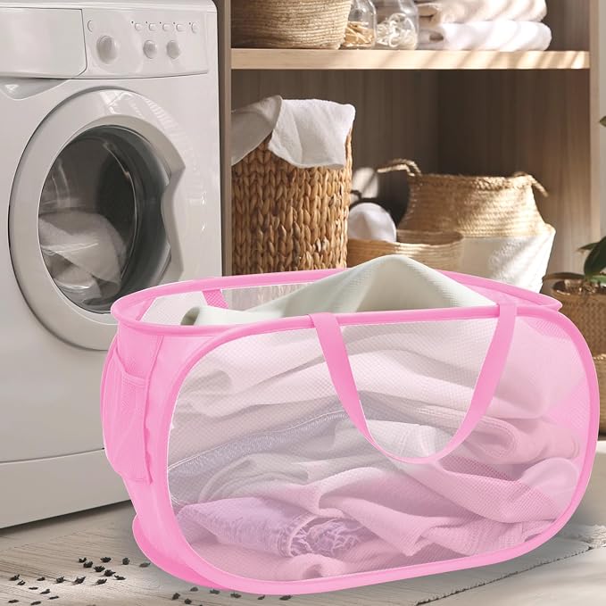 Collapsible Laundry Hamper Basket,Pop Up Mesh Foldable Bag for Laundry Room | folding horizontal laundry durable baskets with handles & side pocket travel for bathroom,Kids room,college dorm(Pink)
