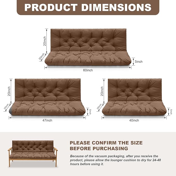 Porch Swing Cushions,Outdoor Cushions 3 Seater Replacement with Backrest, Waterproof Thickened Bench Cushion with Ties for Porch, Patio,Outdoor, Backyard and Garden (Coffee 47 * 40 in)