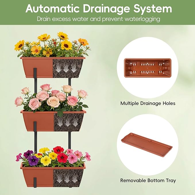 OYEAL Railing Planter Box Outdoor 3 Tier Vertical Hanging Flower Pots with Adjustable Brackets Window Boxes Planter Plastic Flower Pots for Patio, Deck, Porch Railing, Balcony Fence, Brick Red