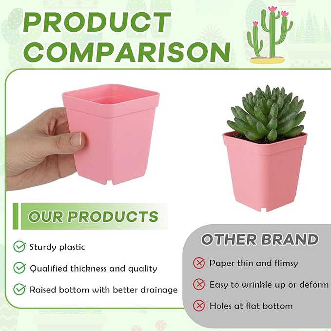 Yaomiao 200 Pack 3 Inch Pink Nursery Pot Square Flower Pots Plastic Plant Succulent Planter Seed Starting Pots with Drainage Holes for Garden Office Balcony Decor Indoor Outdoor Plant Seedling