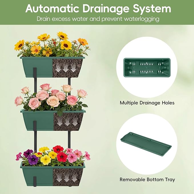 OYEAL 3-Tier Railing Planter Box Deck Railing Hanging Flower Pots Window Box Planter with Adjustable Brackets & Rectangular Flower Pots for Garden Fence, Patio, Balcony Decor Green