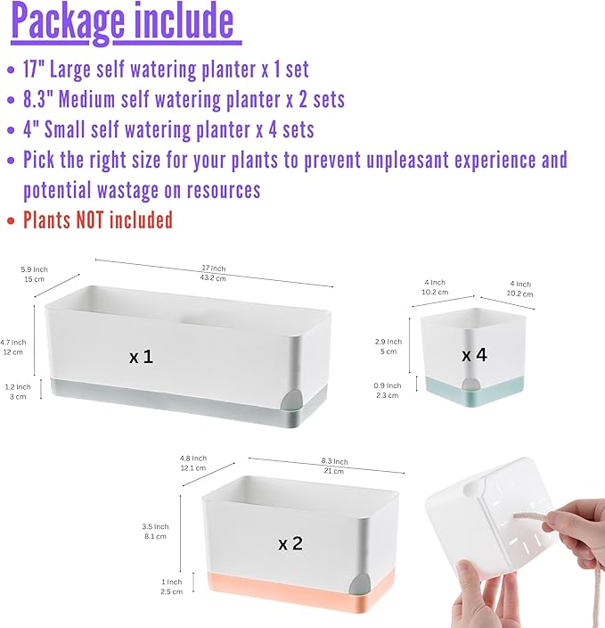 LaLaGreen Planters for Indoor Plants (7 Pack) Assorted Color Window Boxes, Rectangular Self-Watering System Long Windowsill Plant Pots with Drainage Herb Garden Flower Box Modern Stylish Outdoor