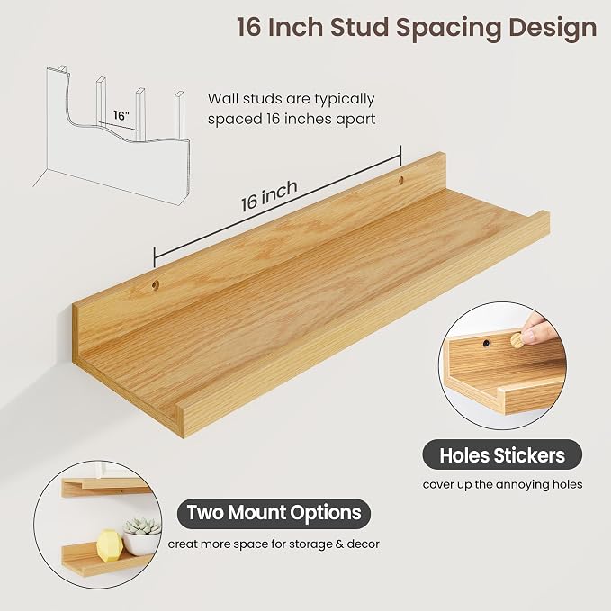 Axeman 20 Inch Floating Shelves, Oak Picture Ledge Shelf Set of 3