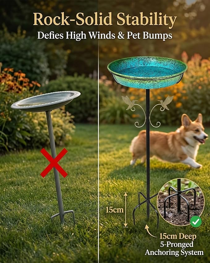 35" Metal Bird Bath for Outside Standing Metal Bird Bath Stake in Ground Iridescent Blue Green Birdbath with Scientifically Designed Color Lure for Birds 12" Detachable Bowl for Garden Patio Yard