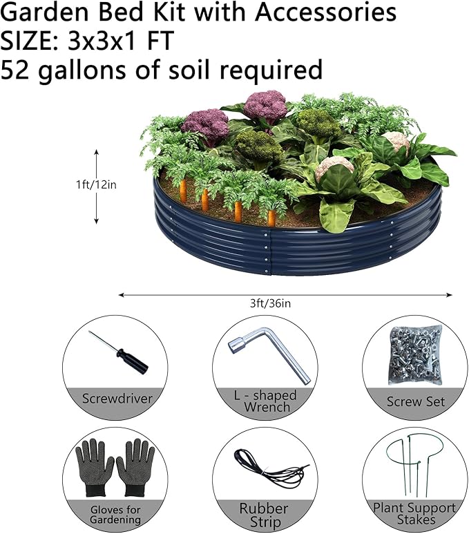 ZFHgarden Galvanized Metal Planter Round Raised Garden Bed Kit for Gardening Outdoor，3x3x1ft Grow Garden Box Raised Flower Bed，Round Galvanized Planter Outdoor Large Metal Fire Pit Ring