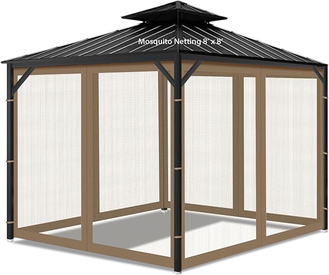 Gazebo Universal Replacement Mosquito Netting, 8' x 8' Outdoor Mesh Netting Screen 4-Panel Sidewall with Zipper for Patio, Canopy, Garden and Backyard, Khaki(Mosquito Net Only)