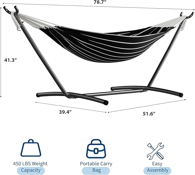 Garvee Double Hammock with Foldable Steel Stand and Carry Bag – Indoor/Outdoor Standing Hammock, 450 LBS Capacity, for Garden, Camping, Beach (Onyx)