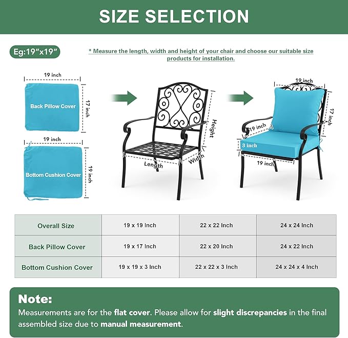 Summsun Outdoor Chair Cushions Set of 4, Waterproof Backrest and Seat Cushion Set for Patio Furniture, Outdoor Replacement Cushions with Removable Cover, 19 x 19 Inch, Teal