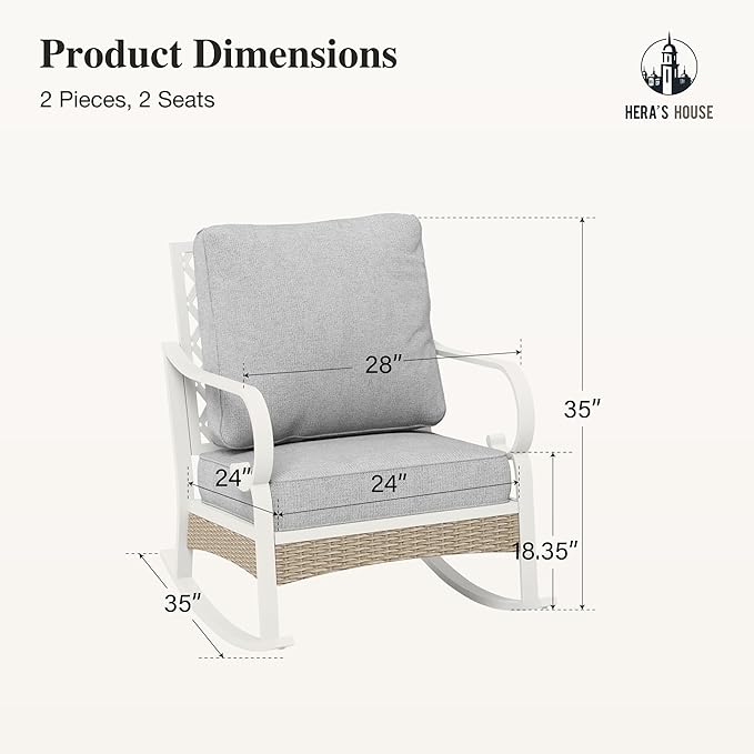 HERA'S HOUSE Outdoor Rocking Chairs Set of 2 with Cushions, High Back Patio Metal Rocker, All Weather Garden Furniture for Lawn, Backyard, Deck, Grey