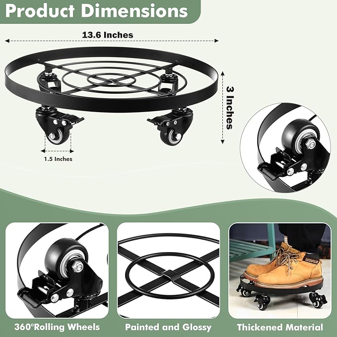 Planterhoma 1 Packs Large Metal Plant Caddy 13.6 Inch Plant Dolly with Wheels Heavy-duty Iron Rolling Plant Stand with Casters for Indoor Outdoor Flower Pot Mover Roller Coasters, Black
