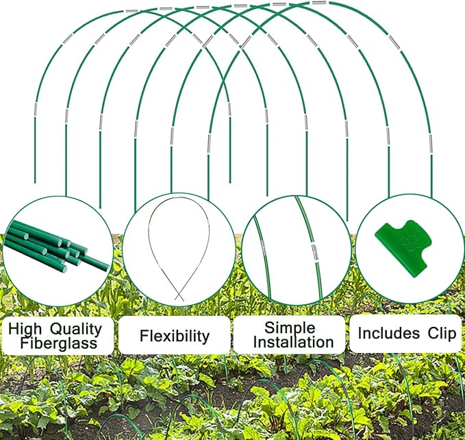Greenhouse Hoops Grow Tunnel, 8FT Long Garden Hoops, 60pcs DIY Width Plastic Coated Fiberglass Garden Tunnel for Raised Beds, Rust-Free Garden Tunnel for Garden Fabric