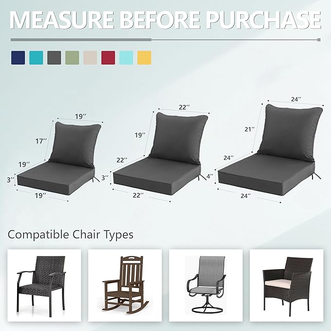 24x24 Inch Outdoor Chair Cushion with Removable Cover, Patio Furniture Cushion - Water-Repellent, Fade-Resistant, Non-Slip Bottom & Straps, Replacement for Deep Seat Sofa & Couch - Dark Grey