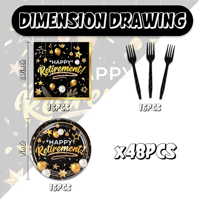 48Pcs Black and Gold Retirement Party Supplies Happy Retirement Party Plates Napkins and Forks Decorations Set for 16 Guests