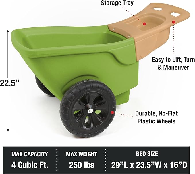 Simplay3 Easy Haul Wheelbarrow with Garden Tool Storage Tray, Durable Heavy-Duty Plastic Wheelbarrow with Large Easy Turn Wheels - Green, Made in USA