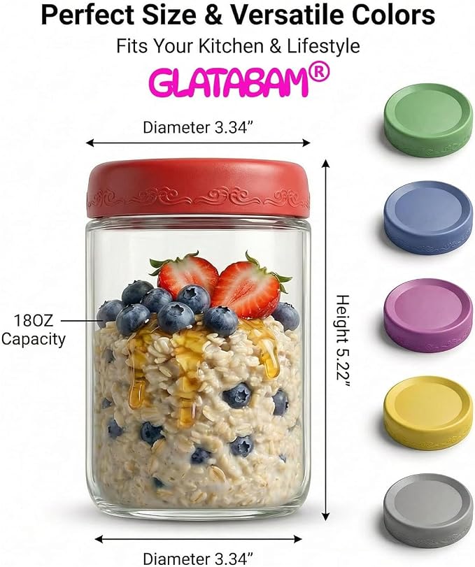 18 OZ 4Pack, Overnight Oats Jars with Lids, Glass Meal Prep Containers, Airtight Mason Jars for Breakfast, Yogurt Parfait, Salad & Smoothies, Leakproof and Reusable Food Storage Jars(4-1)