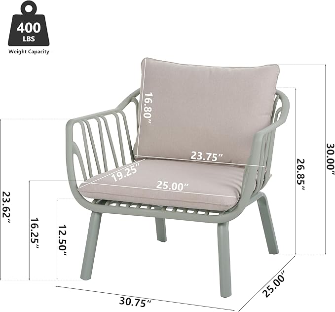 Christopher Knight Home Set of 2 Huron Indoor/Outdoor Polypropylene and Iron Frame Club Chairs,Patio Conversation Seating/Armchair for Garden, Backyard, Poolside,Removable Cushions, Light Green+Beige