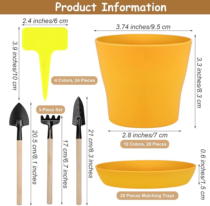Hahood 20 Pack Plastic Planters 4 Inch Plant Flower Pot with Trays, Seedlings Nursery Pots Planter Flower Container Seed Pots for Seedling, Transplanting, Cutting, Assorted 10 Colors