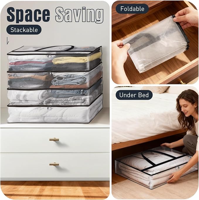 8 Packs 60L Clear Under Bed Storage Containers, Large Clothes Storage Bags
