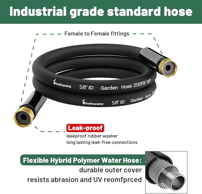 Short Garden Hose 10 ft x 5/8" Female to Female Hose Adapter, Heavy Duty Small Water Hose Extender Connector, Leak-Free Connections Hybrid Rubber Leader Hose with 3/4" Double GHT Fittings, Black