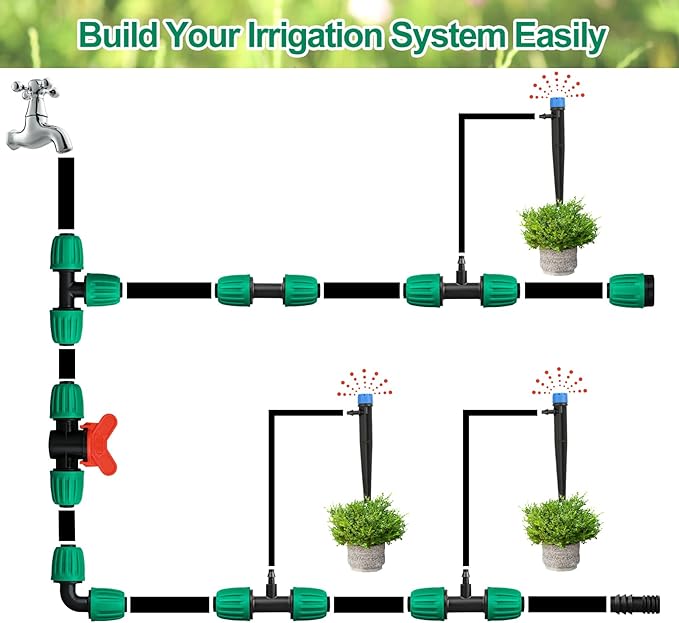 JAYEE 22 Pcs Drip Irrigation Fittings Kit for 1/2 In Tubing, Drip Line Parts for Sprinkler System - 5 Tees, 5 Couplings, 3 Elbows, 3 Barbed Lock T Connectors, 4 End Closure Plugs, 2 Switch Valves