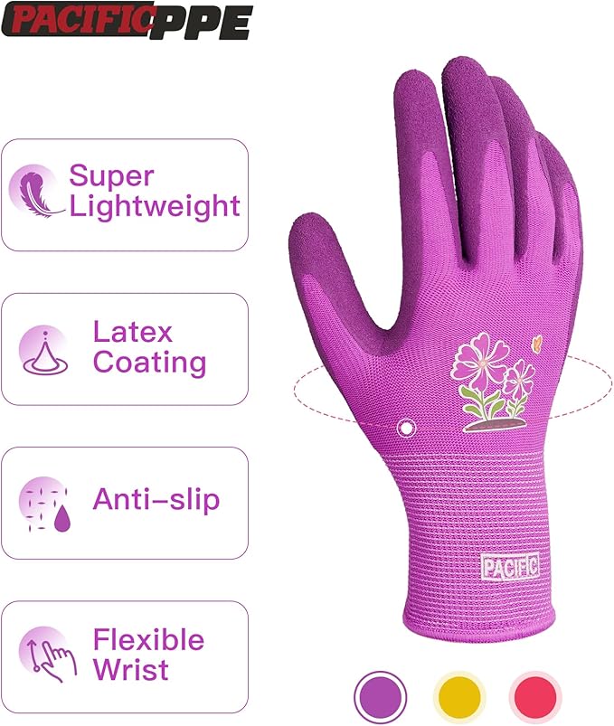 PACIFIC PPE 6 Pairs Gardening Gloves for women, Rubber Coated Garden Gloves, Ladies Yard Work Gloves, Breathable, Purple & Yellow & Red, Small