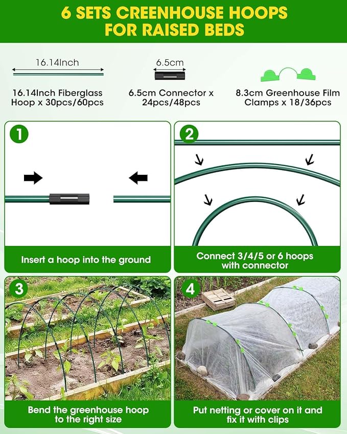 30Pcs Garden Hoops for Raised Beds, 6Sets Greenhouse Hoops Grow Tunnel, Rust-Free Fiberglass Support Hoops Frame for Netting Shade Cloth Cover, DIY Plant Support Garden Stakes