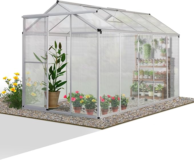 Aluminum Greenhouse for Outdoors, 6 x 10 FT Polycarbonate Walk-in Greenhouse with Quick Setup Structure and Adjustable Roof Vent, Silver