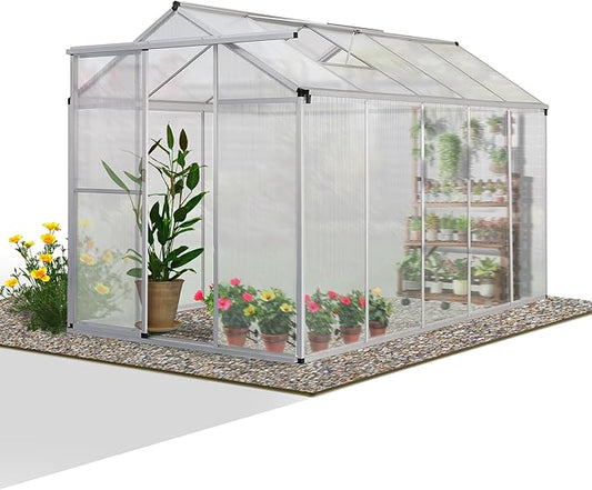 Aluminum Greenhouse for Outdoors, 6 x 10 FT Polycarbonate Walk-in Greenhouse with Quick Setup Structure and Adjustable Roof Vent, Silver