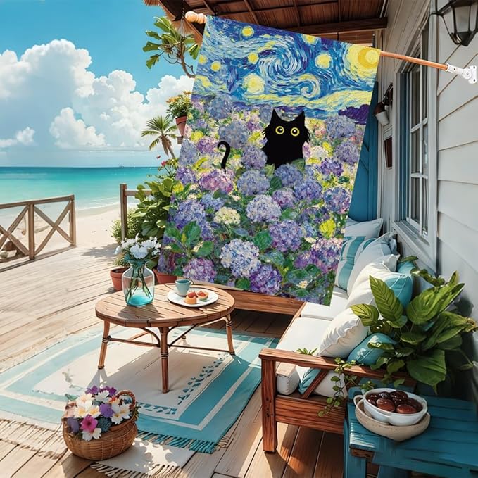 Baccessor Spring Summer Cat House Flag 28x40 Inch Double Sided Burlap, Hydrangea Flowers Starry Night Large Flags Welcome Porch Patio Yard Seasonal Farmhouse Outside Outdoor Decor