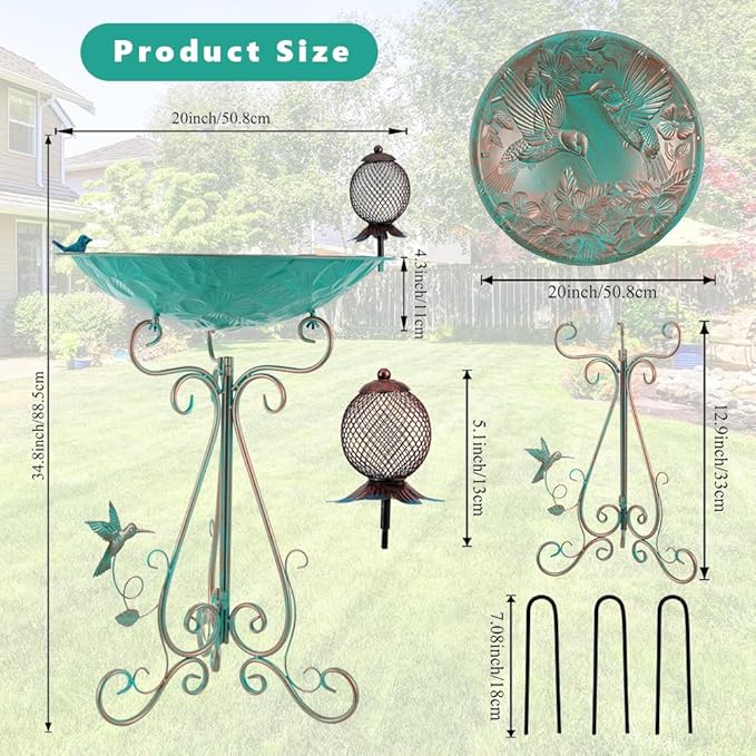 VEWOGARDEN Large Metal Bird Bath for Outside Garden Standing Birdbath with Feeder for Outdoors Yard Patio Lawn Decoration, Light Green
