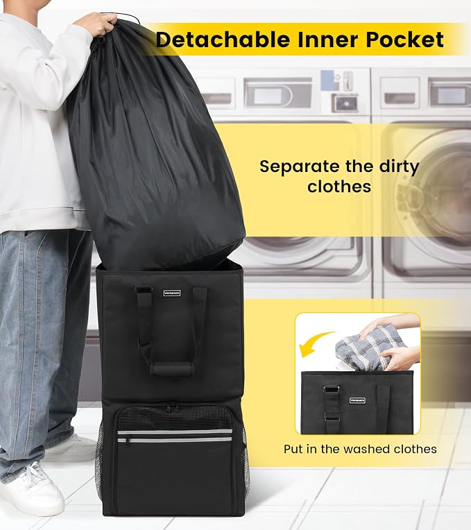 Vorspack Laundry Backpack Bag with Shoulder Straps, XX-Large Hamper, Black | Heavy Duty 2 in 1 Laundry Basket, Structured Square Base, Portable Hamper for College Dorm Camp Laundromat Apartment Travel