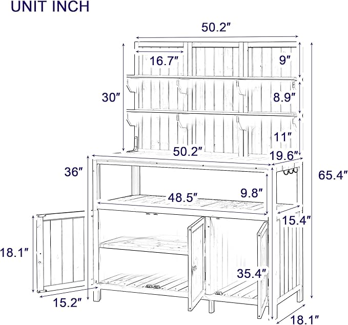 RUNNA Potting Bench with Hutch, 50.2" Solid Fir Wood Garden Workstation, Large Countertop, 2 Shelves, 2 Cabinets, 3 Side Hooks, Outdoor Planting Table for Gardening (Natural@080, 50.2-Inch)