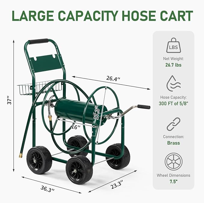 VINGLI 4-Wheel Garden Hose Reel Cart with Storage Basket, Portable Residential Hose Reel Cart, Lawn Watering, for Garden Backyard and Farm (Green)