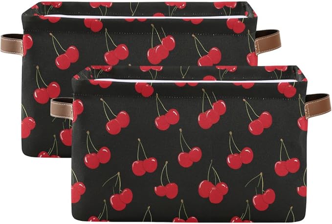 Wamika Cherry Red Storage Basket with Waterproof Liner and PU Handles Fruits Black Storage Bins Boxes 14.2" Collapsible Decorative Organizer Baskets for Bedroom Closet Office 2 Pack