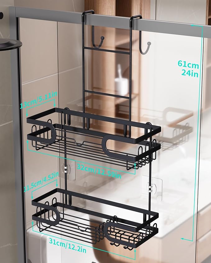 HapiRm Hanging Shower Caddy Over the Door with 14 Hooks and Soap Holder, No Drilling Adhesive Shower Storage, Rustproof & Waterproof Stainless Steel Bathroom Shelves - Black