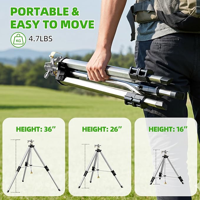 SPECILITE 36”Brass Impact Tripod Sprinkler, Heavy Duty Metal Pulsating Telescoping, Sprinklers for Yard, Lawn & Garden Irrigation, 360 Degree Waters up to 70ft Covering 5660sqft (2 Packs)