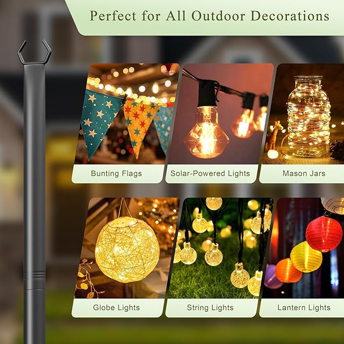 Jusgym String Light Poles for Outside 2 Pack, 10Ft Metal Poles Stand for Hanging Outdoor Light Strings, Adjustable Light Poles with Fork, for Patio, Deck, Backyard, Garden, Party