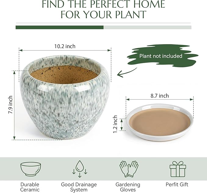10.2 Inch Ceramic Planter with Saucer Leak-Proof Mesh &Drainage, Round Plant Pot with Gardening Gloves for Indoor Outdoor Plants (Blue Crackle Glaze)