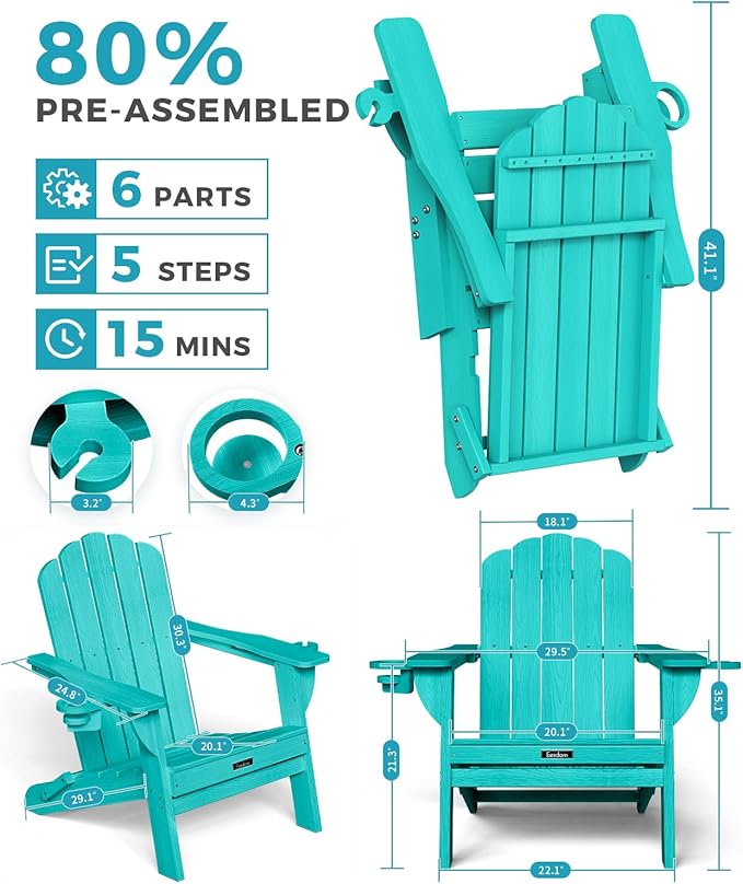 Adirondack Chairs Set of 4, Foldable Adirondack Chairs with 2 Cup Holder, Wood Texture HDPE Fire Pit Chairs, Outdoor Lawn Chair for Patio Garden, Lake Blue