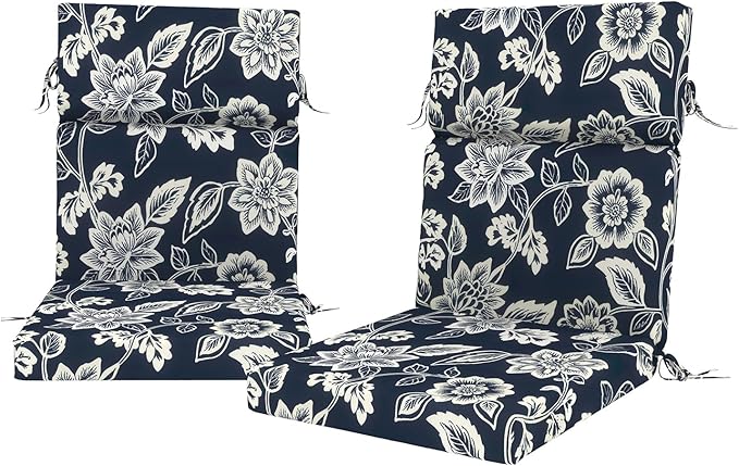 DYTXIII Outdoor High Back Chair Cushions Set of 2, 44"x22" Water Repellent Patio Seat Cushions with Elastic Sponge, All Weather Chair Pads for Rocking, Dining Chairs, Patio Furniture - Vines Navy