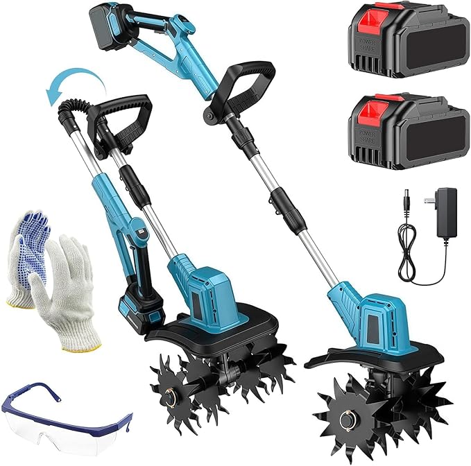 21V Cordless Tiller Cultivator, 300RPM Electric Garden Tiller, 2×4.0AH Batteries & Fast Charger Lightweight Rototiller 12" Width, 8" Depth for Lawn/Soil/Plowing/Weeding/Farm