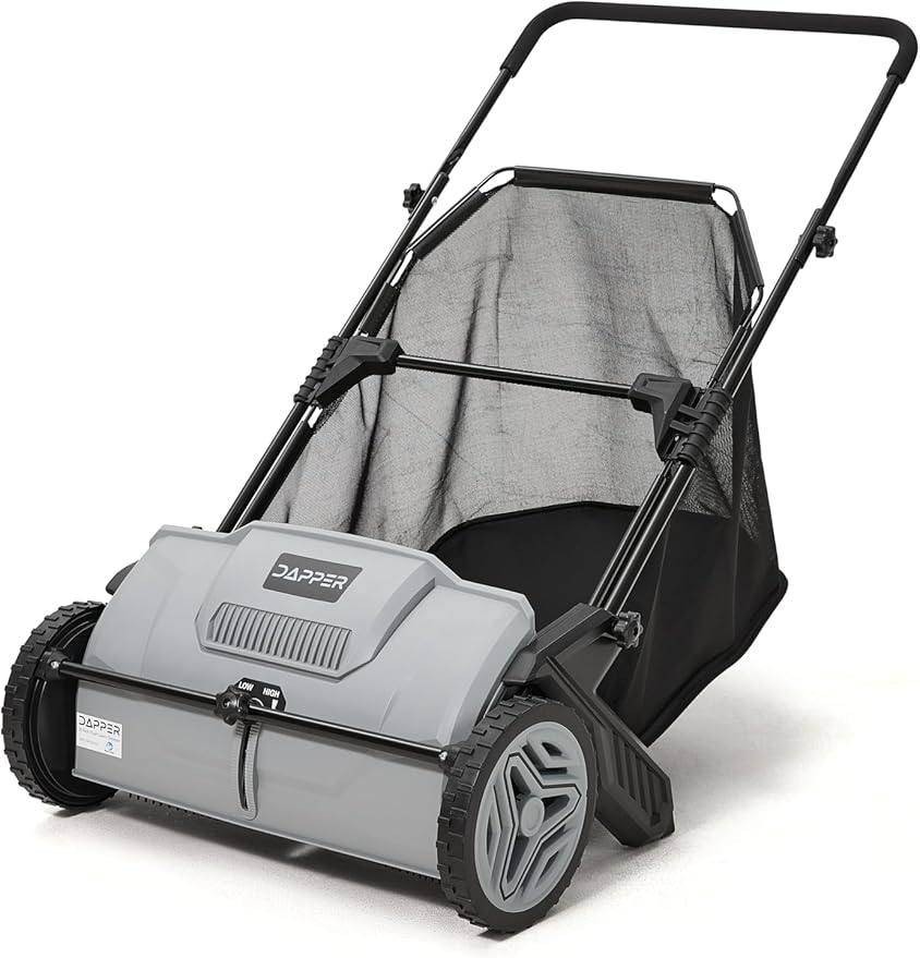 Dapper Supply 21-Inch Push Lawn Sweeper, Grass, Lawn and Leaf Cleanup Collector with Large 3.5 cu. ft. Hopper Bag, Durable Wheels, and Dual Spinning Brushes, Grey