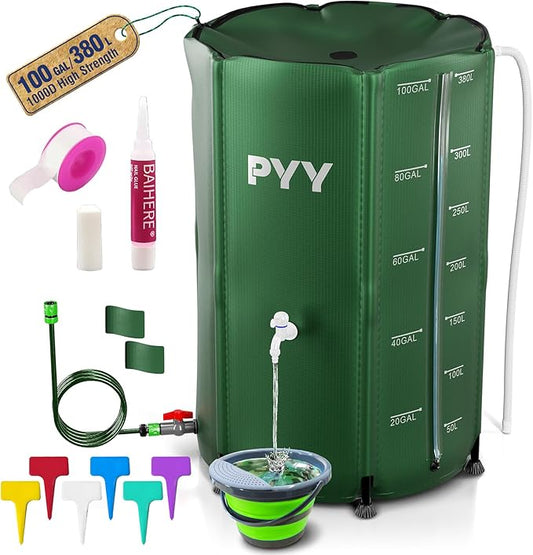PYY Rain Water Collection Barrel - 100 Gallon Green Large Water Storage Tank with Spigots, Portable Rain Catcher to Collect Rainwater from Gutter, Plastic Rain Catchment System with Collapsible Bucket