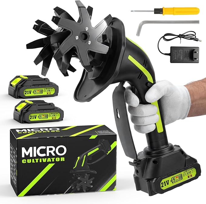 GARDTECH 21V Cordless Tiller Cultivator, 235RPM Electric Hand Tiller with 2×2.0Ah Batteries, 4" Tilling Width & Depth, Powerful Mini Garden Tiller for Gardening, Raised Bed & Soil Loosening